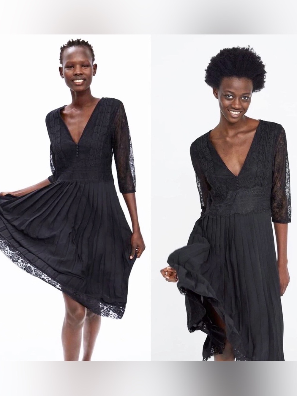 Zara Elegant Black Lace Pleated V-Neck Knee Length Dress Size M Cocktail Evening